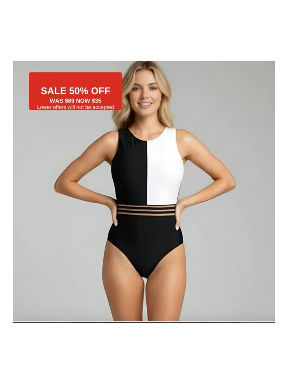 Two Tone Mesh Zip Back One Piece Swimsuit Bathing Suit Black/White